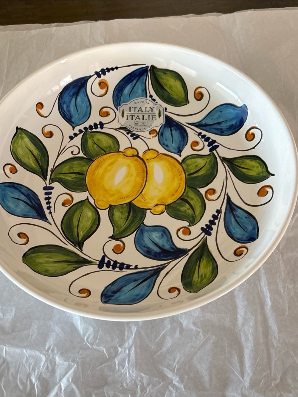Deruta 2  LEMONS  11 1/4"  Yellow, Blue, Green Serving Bowl from Italy -- NWT